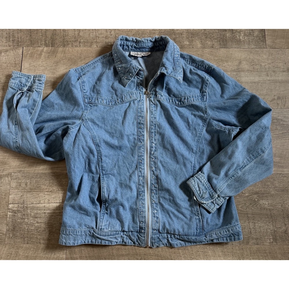 Vtg Cathy Daniels Blue Studded Denim Jacket Large Light Wash Rhinestones